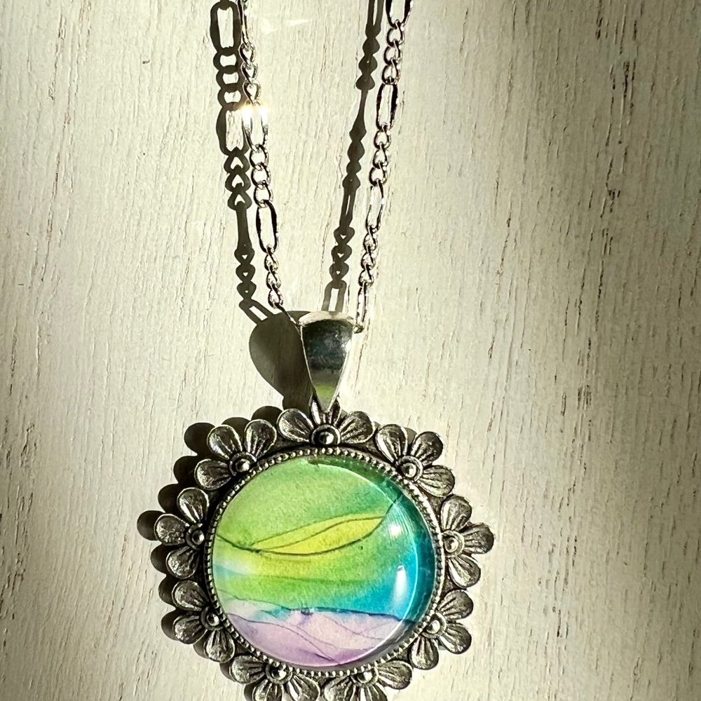 Watercolor Flower Pendant Necklace, Floral Metal Necklace, Boho Jewelry - Picture 3 of 11